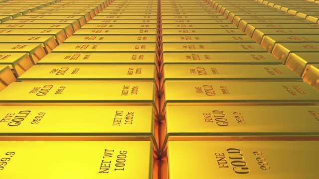 4k Gold bullion gold bars treasury wealth Ingot luxury finance goods trading,3D animation of stacked gold bars.