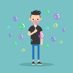 Young character blowing soap bubbles / flat editable vector illustration, clip art
