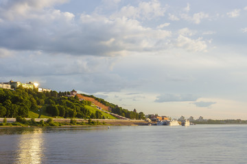 View of the dock with three motor ships near the Chkalovskaya staircase in Nizhny Novgorod at sunset