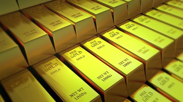4k Gold bullion gold bars treasury wealth Ingot luxury finance goods trading,3D animation of stacked gold bars.
