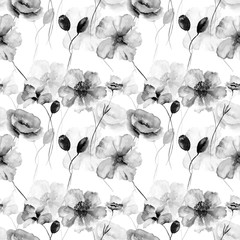 Monochrome seamless wallpaper with wild flowers