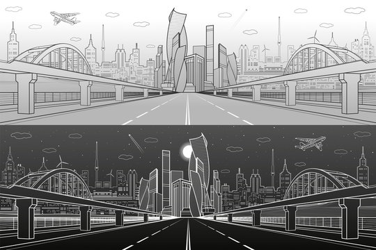 Railway bridge over wide highway. Urban infrastructure panorama, modern city on background, industrial architecture. Airplane fly. White lines illustration, day and night scene, vector design art