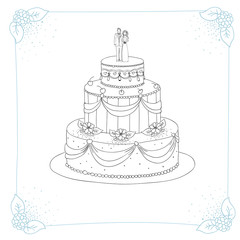 black and white hand drawn wedding cake with a floral border