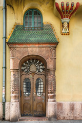 Naklejka premium Subotica, Serbia - April 23, 2017: Wooden Vintage Door in Subotica city, Serbia