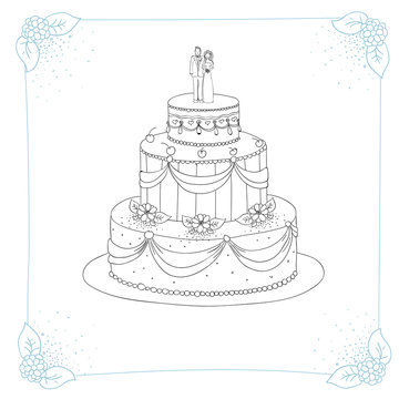 Black And White Hand Drawn Wedding Cake With A Floral Border