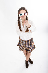 nerd girl with 3d glasses showing umbrella gesture