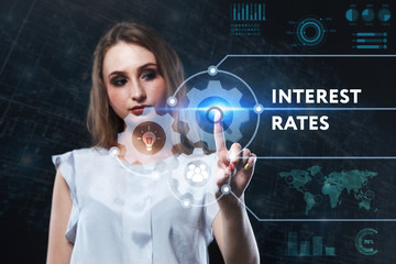 The concept of business, technology, the Internet and the network. A young entrepreneur working on a virtual screen of the future and sees the inscription: Interest rates
