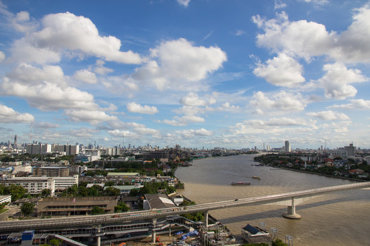 Landscape view of Bangkok with Chao Phraya river and blue sky, Bangkok Thailand