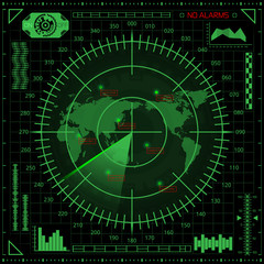 Digital radar screen with world map, targets and futuristic user interface of green shades on dark background