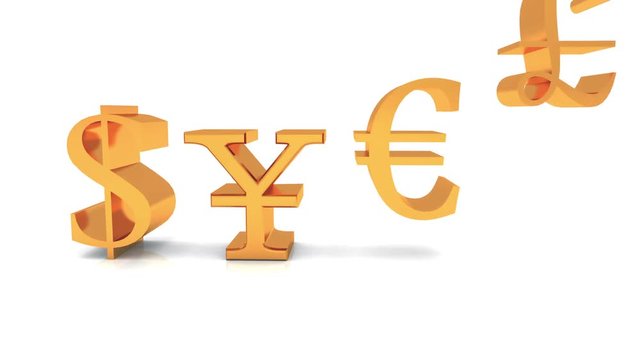 4k USA dollars,China RMB,euro,GBP symbol falling on ground,golden metal sign.
