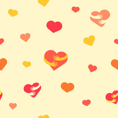 Hearts seamless pattern. Baby background with colorful hearts and hands. Vector illustration. Flat background for design