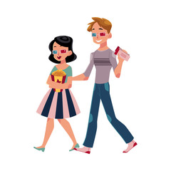 Young couple smiling going to cinema, movie. Vector illustration of a girl and boy wearing 3d glasses, holding popcorn bucket and a ticket in flat, cartoon style isolated on a white background.