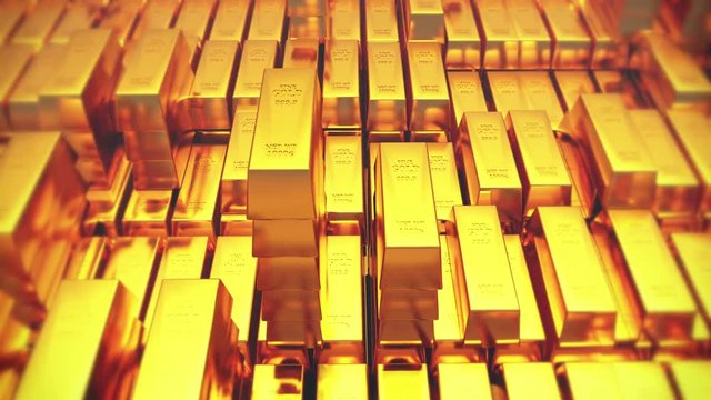 4k Gold bullion gold bars treasury wealth Ingot luxury finance goods trading,3D animation of stacked gold bars.
