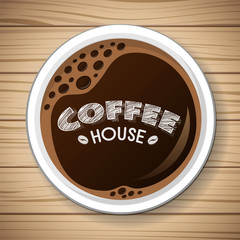 Cup of fresh coffee on wooden table. Vector.