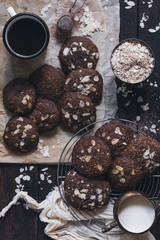 Chocolate and oats cookies served with milk and coffee