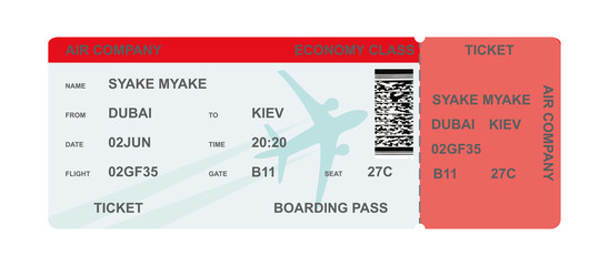 Airline boarding pass ticket with airplane and red stripe with QR code. Isolated on white. Vector illustration AI10 - obrazy, fototapety, plakaty