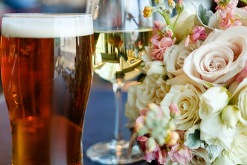 Wedding Table with Beer Wine and Bouquet
