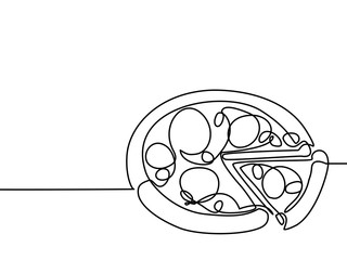 Continuous line drawing. Big pizza with slice. Vector illustration black line on white background.