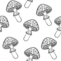 Toadstools seamless vector background, black and white line drawing.