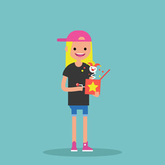 Young female character holding a Jack in the box / flat editable vector illustration, clip art