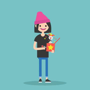 Young female character holding a Jack in the box / flat editable vector illustration, clip art