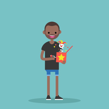 Young black character holding a Jack in the box / flat editable vector illustration, clip art