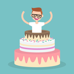Young character jumping out of a cake / flat editable vector illustration, clip art