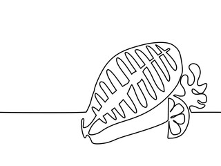 Continuous line drawing. Salmon steak with lemon, tomato and lettuce leaves. Vector illustration black line on white background.