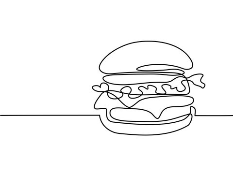 Continuous Line Drawing. Big Hamburger Fast Food. Vector Illustration Black Line On White Background.