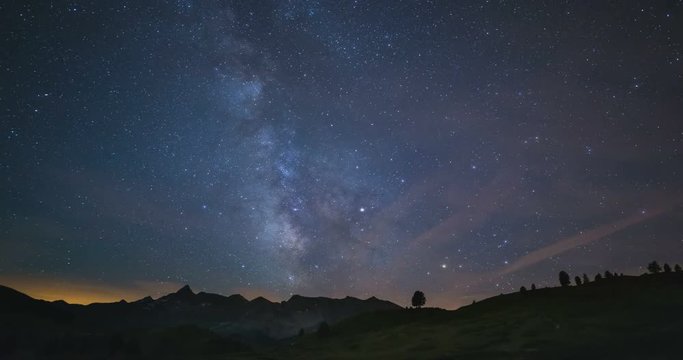 Time Lapse of the Milky way and the starry sky rotating over the majestic Italian French Alps in summertime, illuminated by the moonlight in the second half. Static version. 