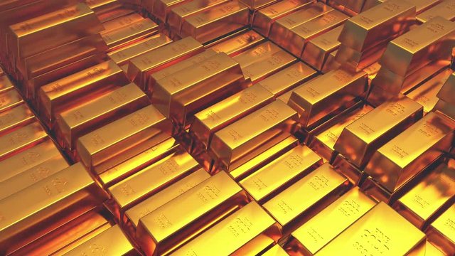 4k Gold bullion gold bars treasury wealth Ingot luxury finance goods trading,3D animation of stacked gold bars.
