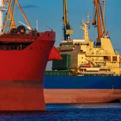 Moored cargo ships
