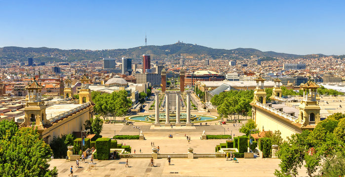 View of Barcelona from the terrace of the Catalan Art Museum, Spain.  Espanya Square.