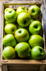 Box of fresh green apples. Harvest concept. Top view