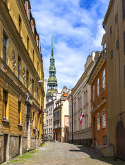 Fototapeta na wymiar Narrow medieval street in old Riga city, Latvia