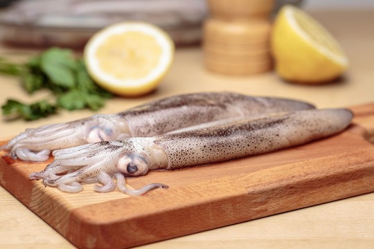 Raw squids over a wooden cutting board, at kitchen. Cooking cuttlefishes