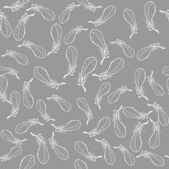 Seamless pattern with floating bird feathers on gray background. Illustration can be used as computer wallpaper, backdrop or print for textiles