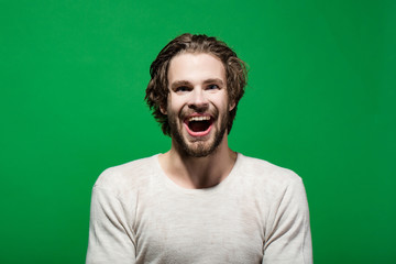 happy man with wet head, face and hair in morning