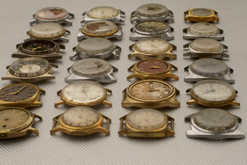Collection of vintage rusty watches, View from the side, focus