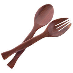 wooden spoon and fork isolated on white background