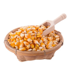 Corn seeds and wooden spoon isolated on a white background