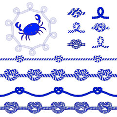 Horizontal seamless  rope  pattern, set of vector brushes, rope loops and knots