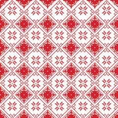 Scandinavian seamless cross stitch inspired by Nordic style Christmas pattern in cross stitch with  snowflake, star and decorative ornaments in red and white in square shape
