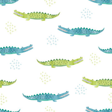 Green and blue watercolor crocodile pattern. Vector seamless background with alligators.