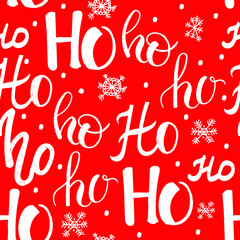Hohoho pattern, Santa Claus laugh. Seamless texture for Christmas design. Vector red background with handwritten words ho