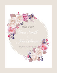 Wedding invitation cards with roses.Beautiful white and pink roses. Wedding invitation, thank you card, save the date cards. Vector illustration. EPS 10