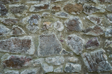 Old beige and gray wall with stone masonry with cracks, background, texture