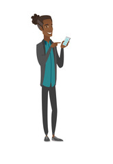 African-american businessman holding mobile phone.
