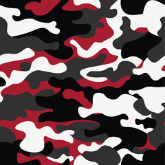 Seamless camouflage pattern background. Classic clothing style masking camo repeat print. Red, white, brown black colors forest texture. Design element. Vector illustration