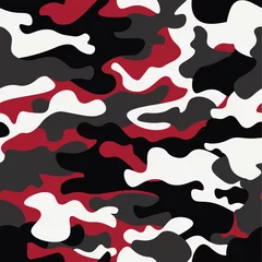 Foto op Plexiglas Naadloze camouflage patroon achtergrond. Klassieke camouflageprint in kledingstijl. Rode, witte, bruine zwarte kleuren bostextuur. Ontwerpelement. vector illustratie © lupascoroman
